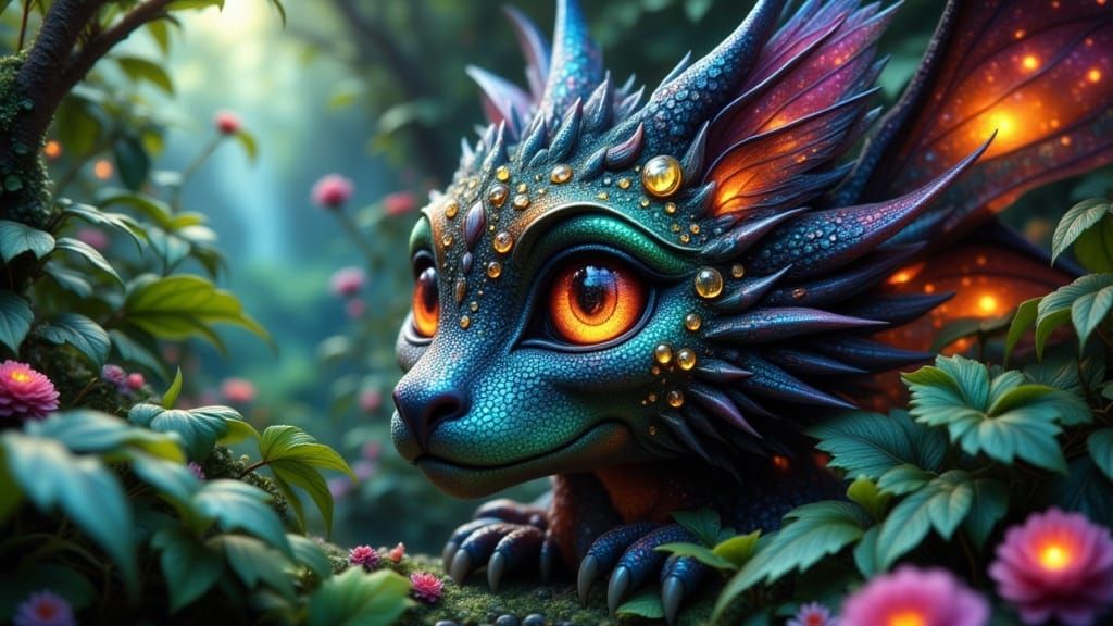 Tiny dragon peeking out from beneath the wildflowers