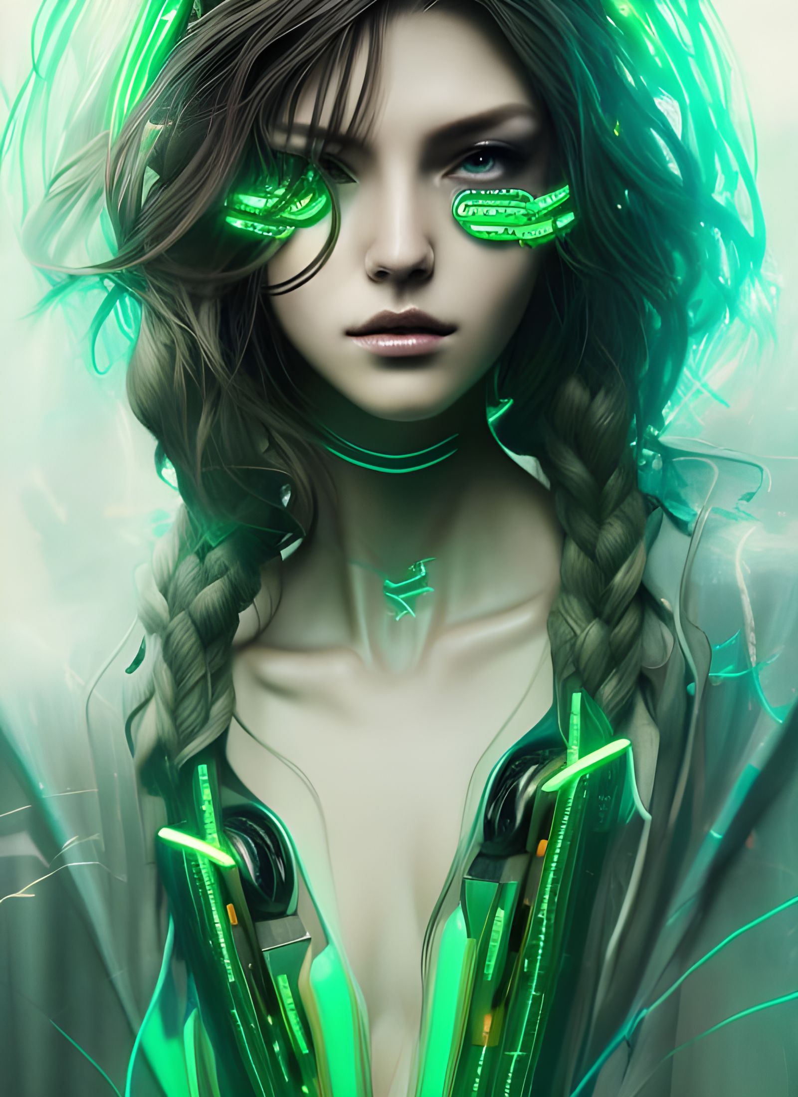 Cyberpunk Goddess with Neon Hair, Digital Art