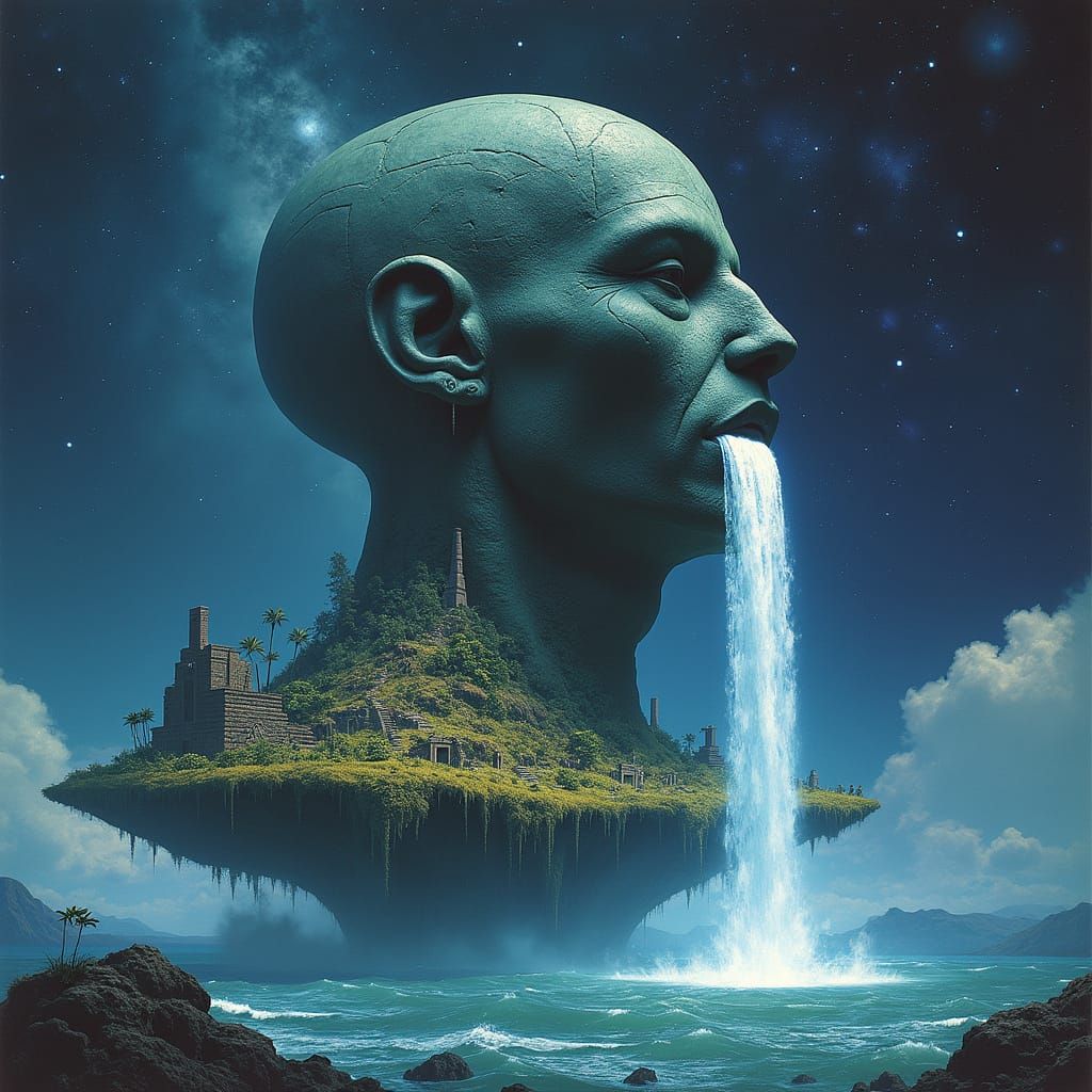 Surreal Alien Head Waterfall in Cosmic Space