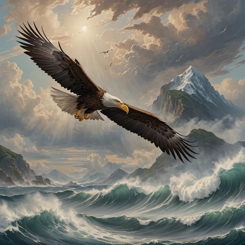 Giant Eagle Soaring Over Ocean and Mountains