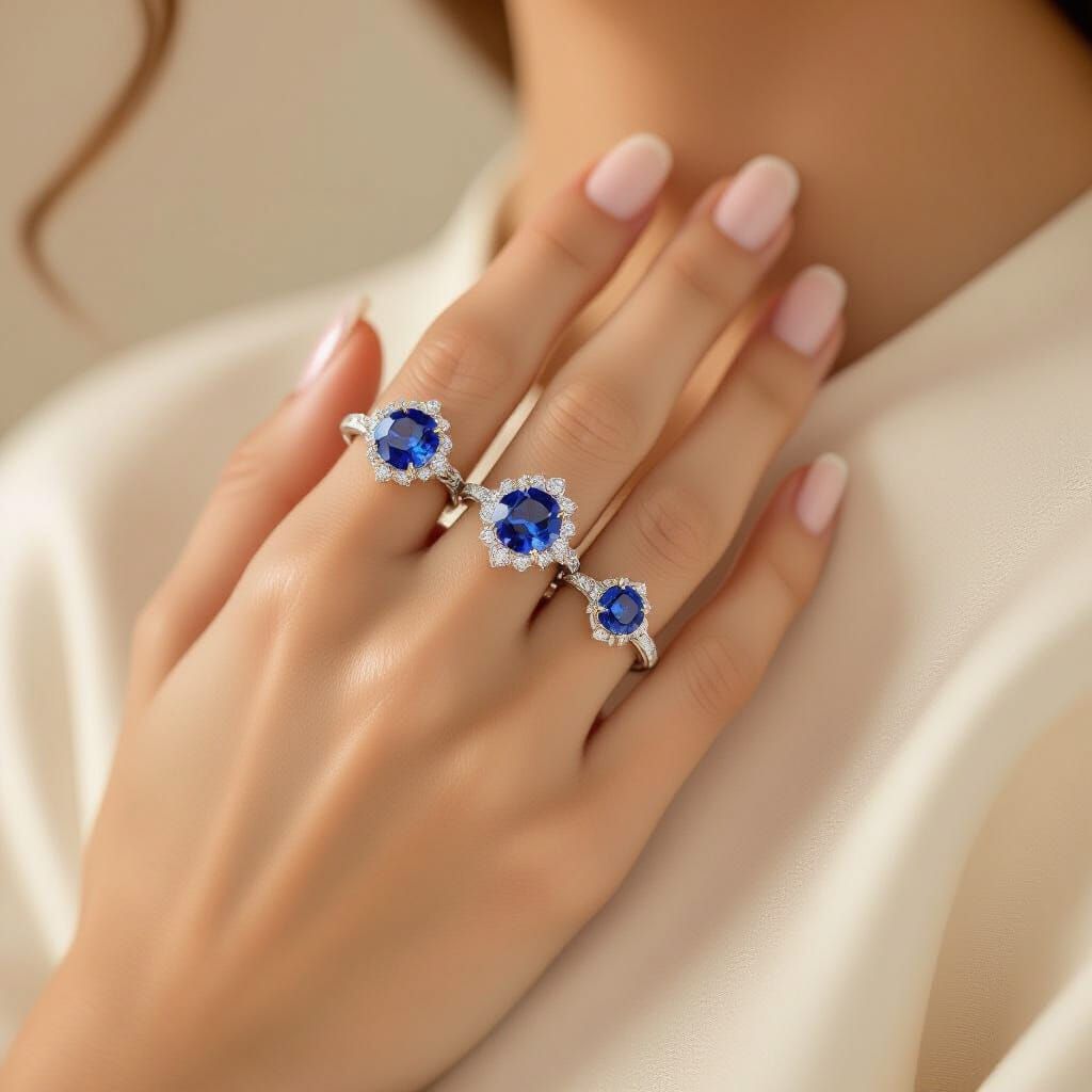 Sapphire Rings on Woman's Hand, Digital Art