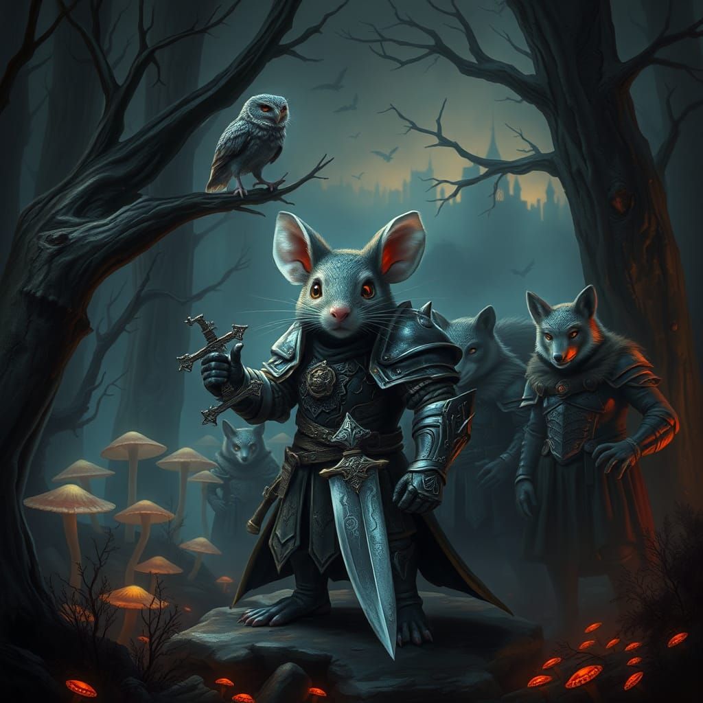 Armored Mouse Leading a Warband in Dark Forest