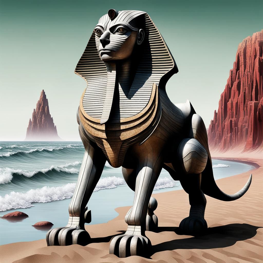 Surreal Sphinx on Lonely Beach in Bosch Hellscape Style
