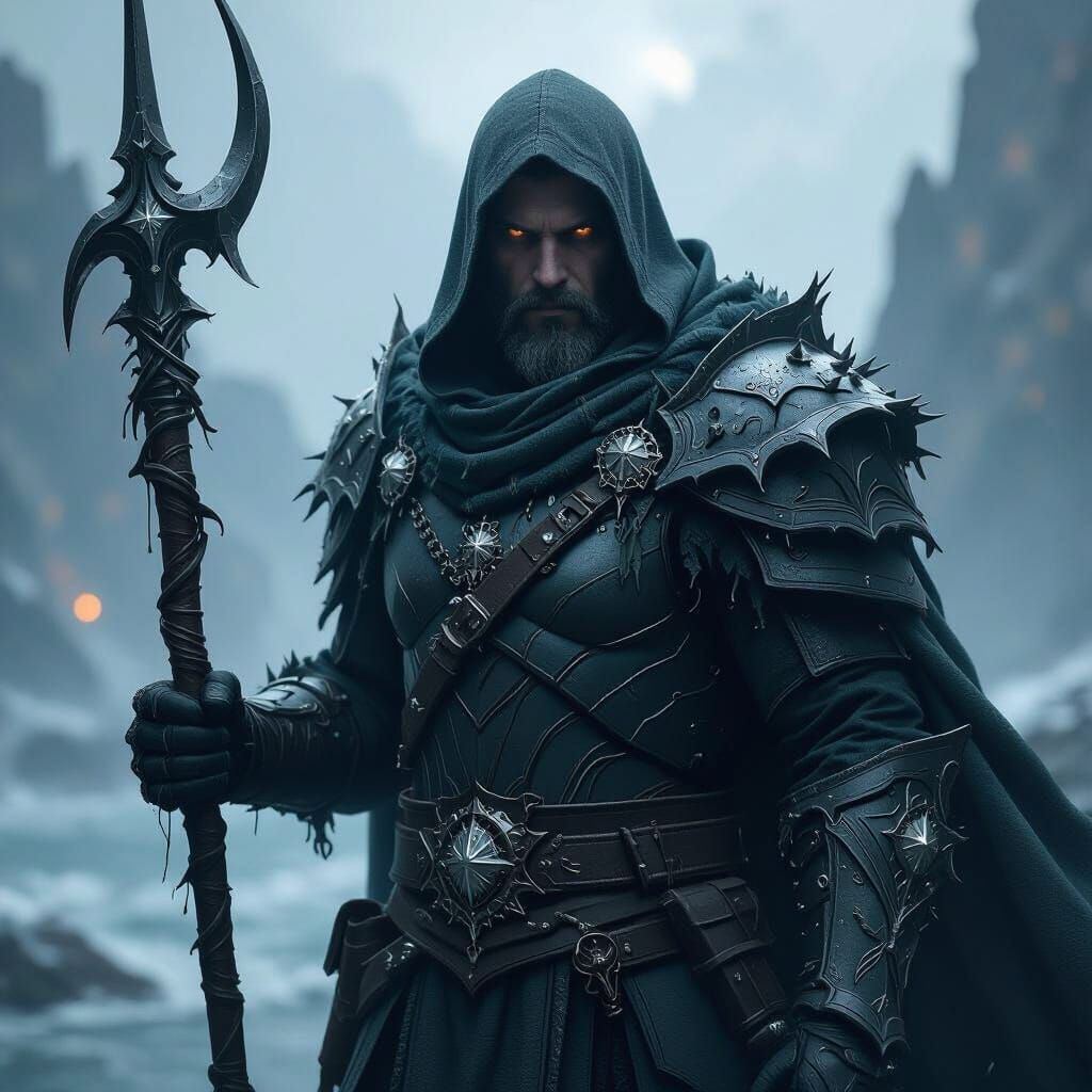Stern Warden with Harpoon in Dark Fantasy Style