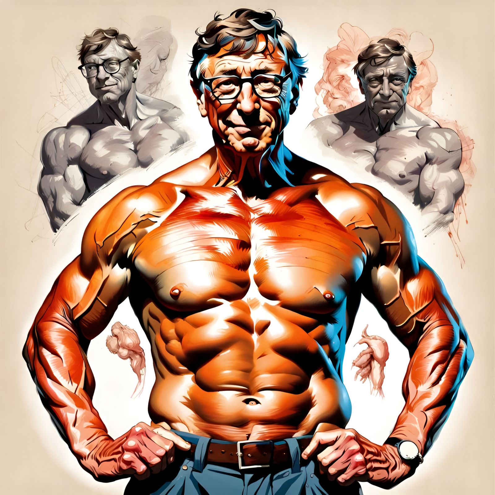 Muscular Bill Gates Portrait in Pin-Up Style