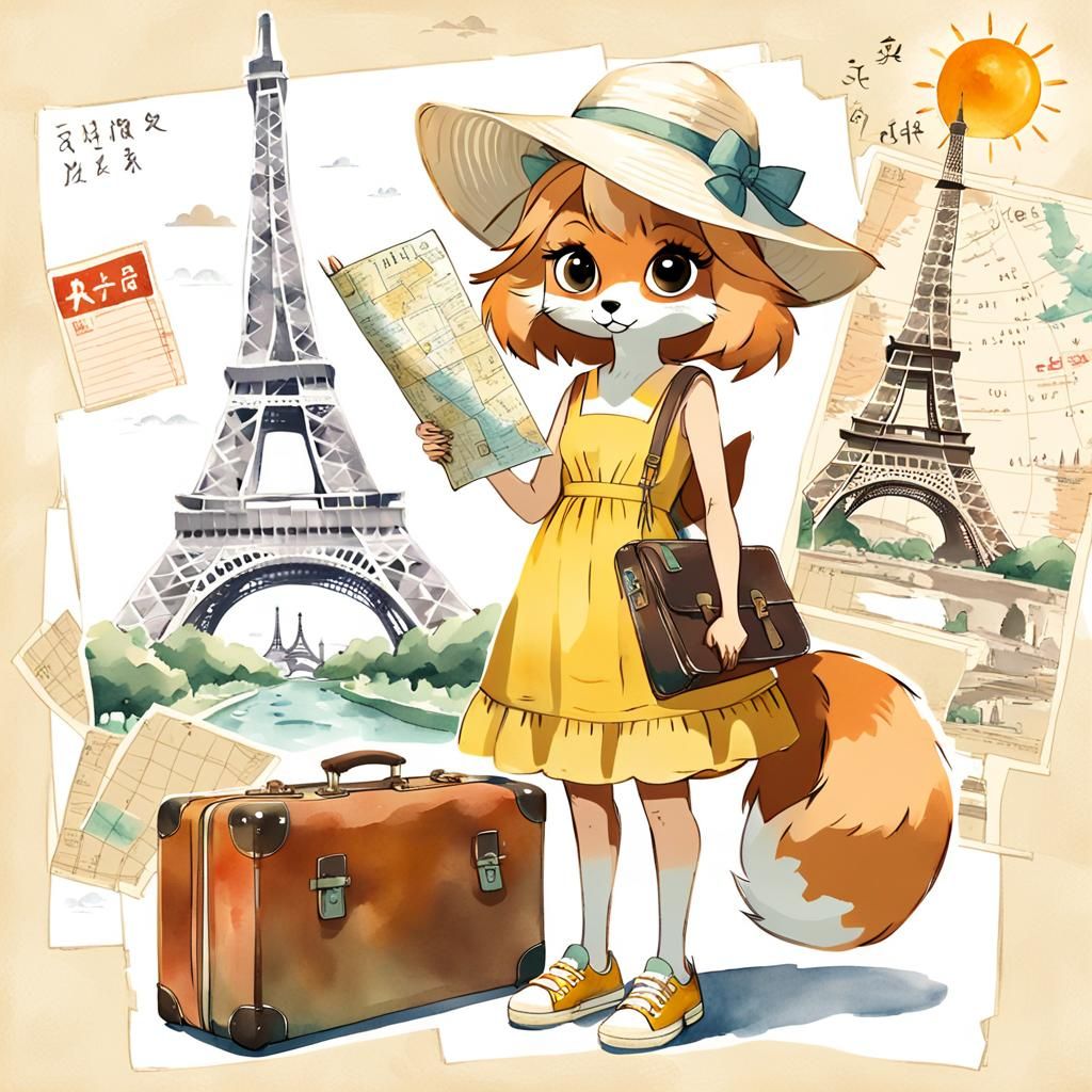 Fox Tourist in Watercolor Style with Eiffel Tower