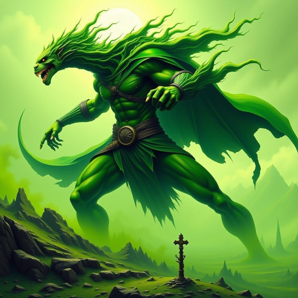 Dynamic Green Giant in Futuristic Landscape