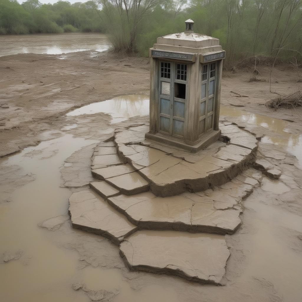 Cracked Tardis Sculpture in Flooded Swamp