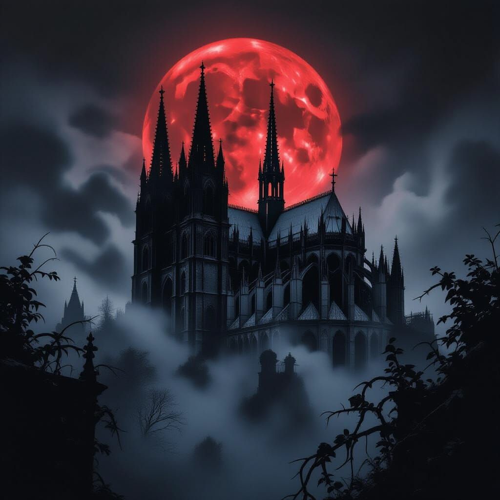 Gothic Cathedral of Black Roses Under Blood Moon