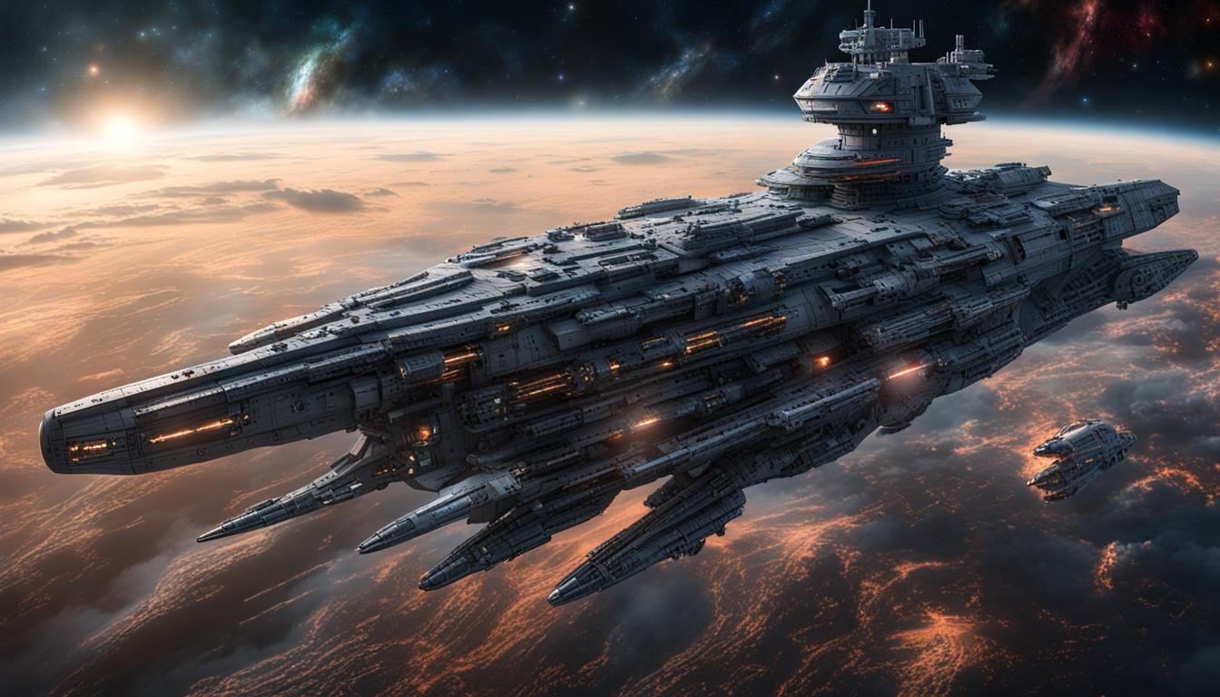 Gigantic Battleship in Nebula Space, Hyperrealistic Detail