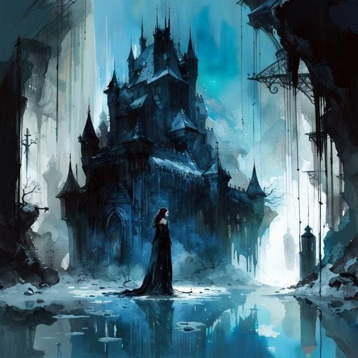 Gothic Shadow Castle with Reflections and Ink Flow