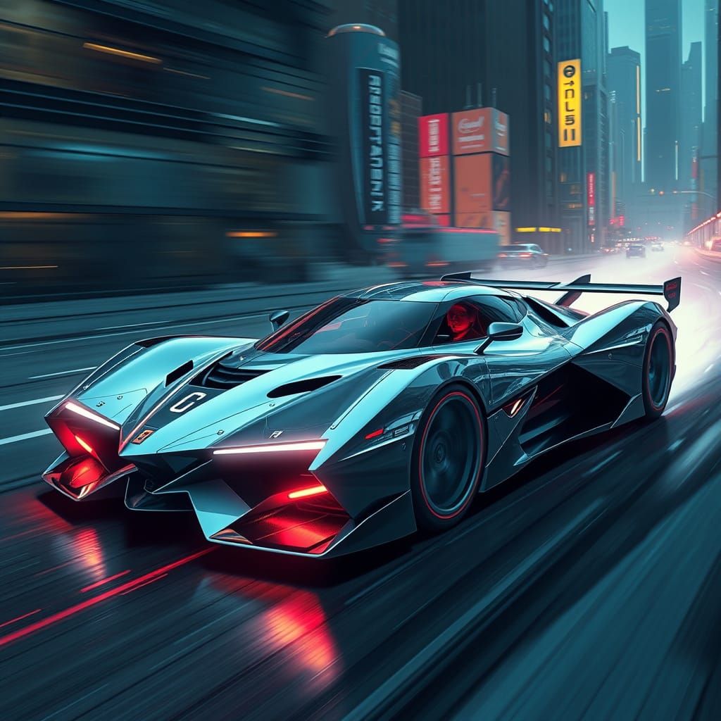 Cyberpunk Hypercar Speeding Through Gritty Cityscape