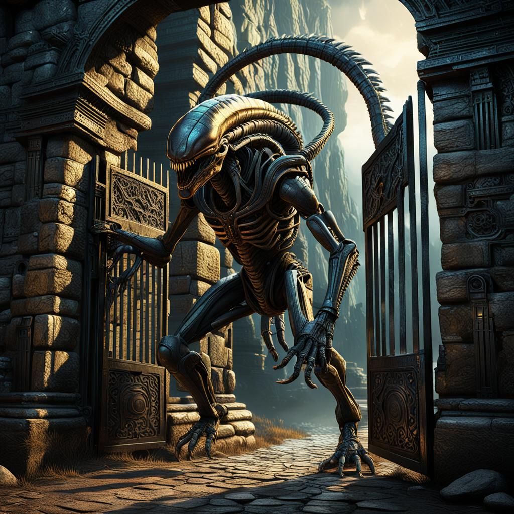 Xenomorph Emerges from Gate: Biomechanical Concept Art