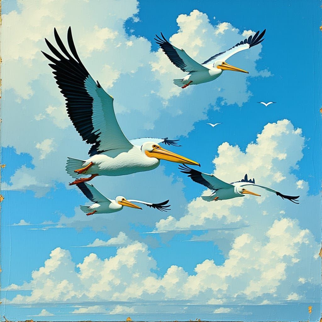 Pelicans in Flight: Stylized Bird's-Eye View