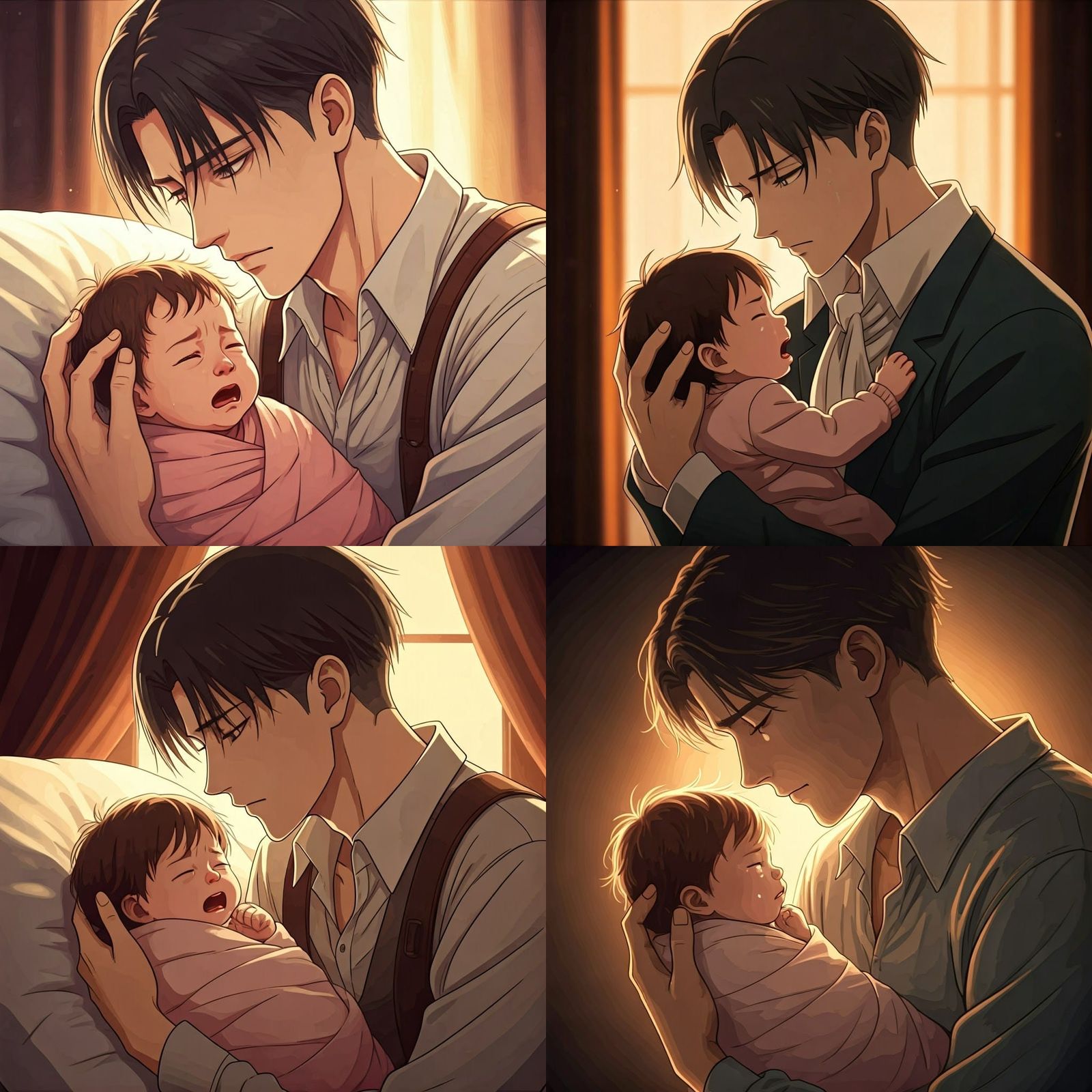 Levi Ackerman Cradling Newborn: Anime-Style Art