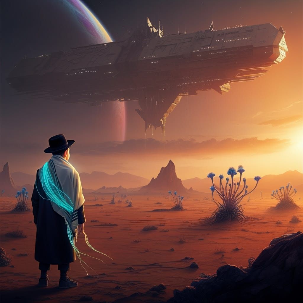 Lone Hasidic Boy Admires Ancient Spaceship in Binary Sunset