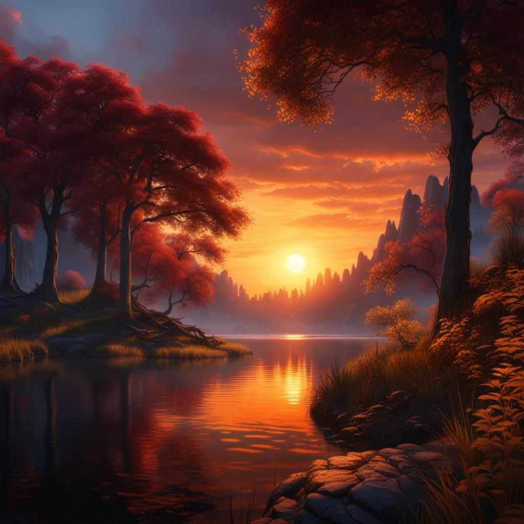 Lake Sunset: Detailed Fantasy Concept Art