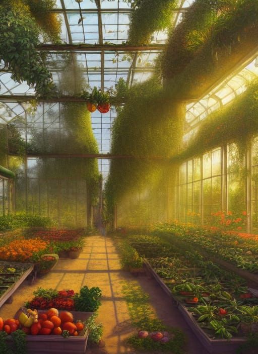 Lush Greenhouse Interior in Detailed Matte Painting