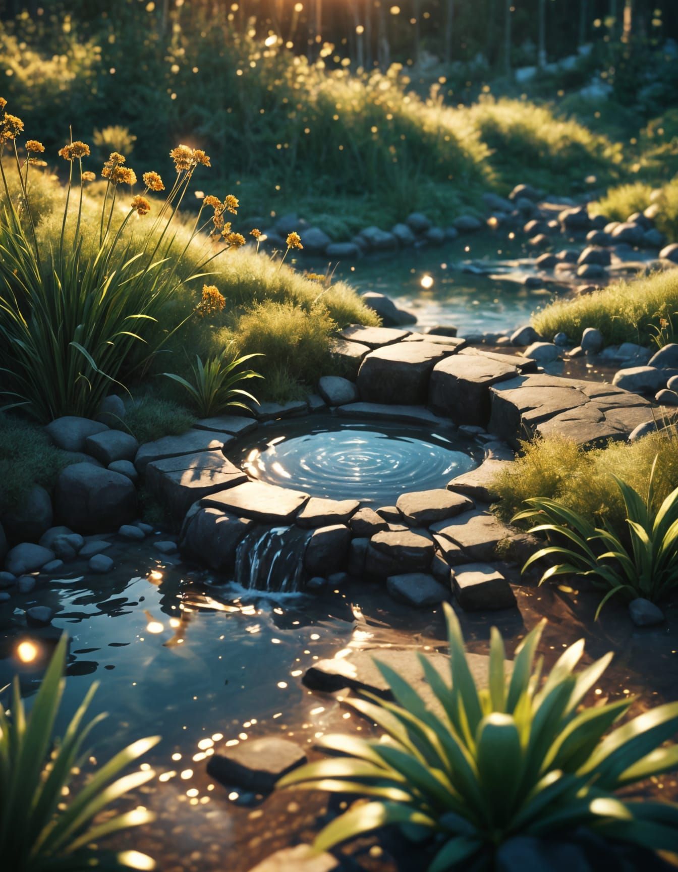 Cosmic Pool Scene in Golden Hour, Cel-Shaded 4K