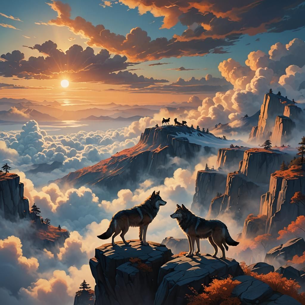 Wolves Overlooking Cloud Sea, Digital Matte Painting