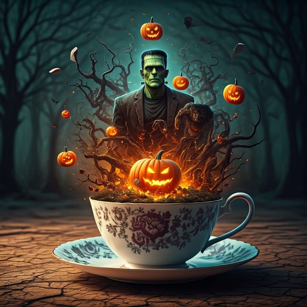 Spooky Halloween Explosion Inside Antique Teacup