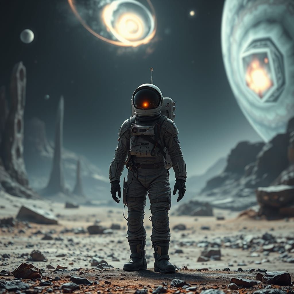 Astronaut on Alien Planet Gazing at Nebula