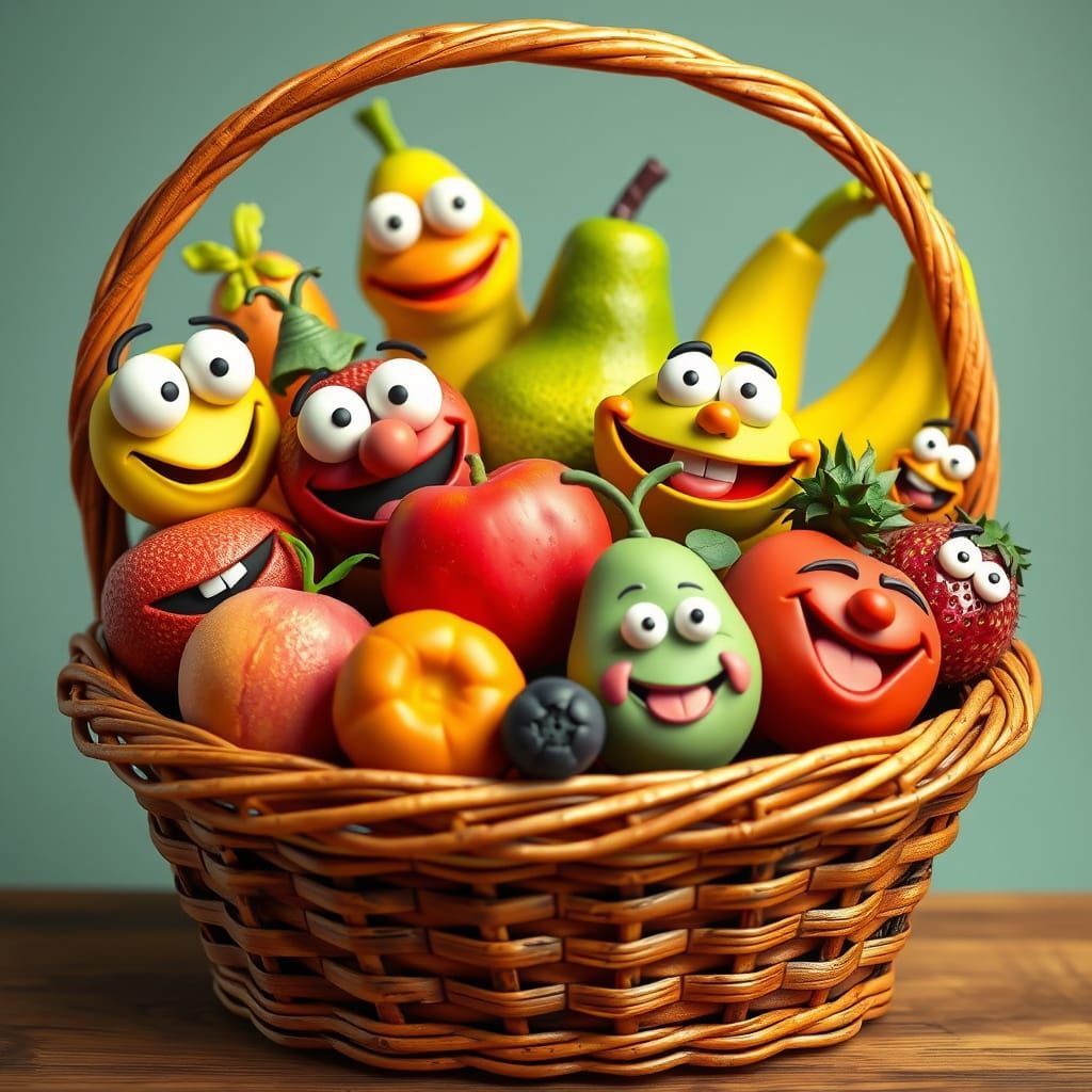 Whimsical Claymation Fruit Basket in Colorful Cartoon Style