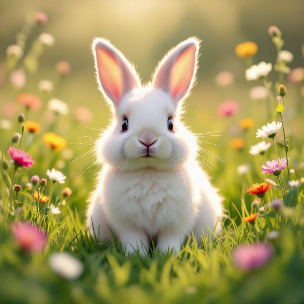 Fluffy White Rabbit in Wildflower Meadow