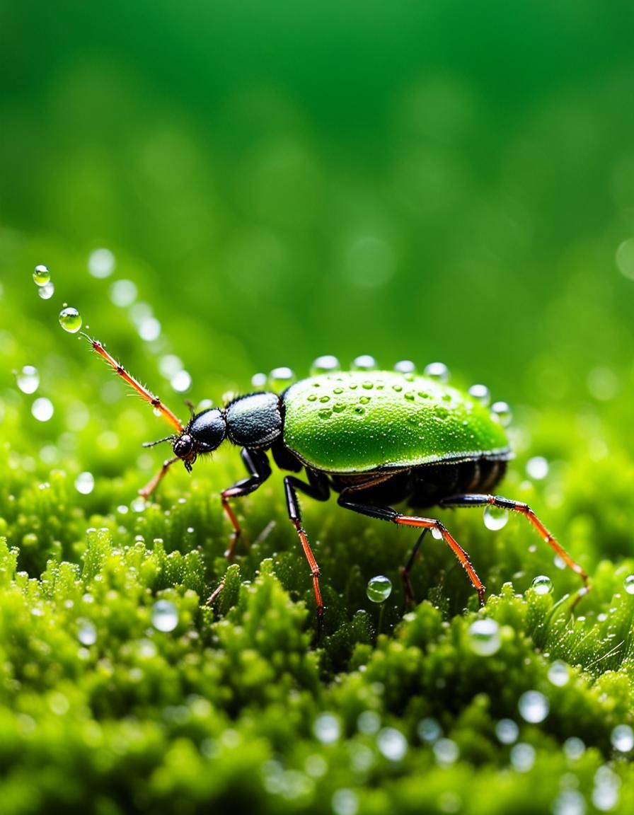 Bug Resting on Moss with Dew Drops