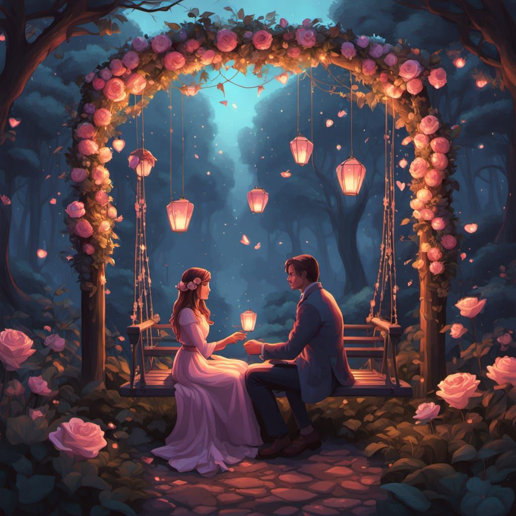 Romantic Whimsy in a Dreamlike Garden at Twilight