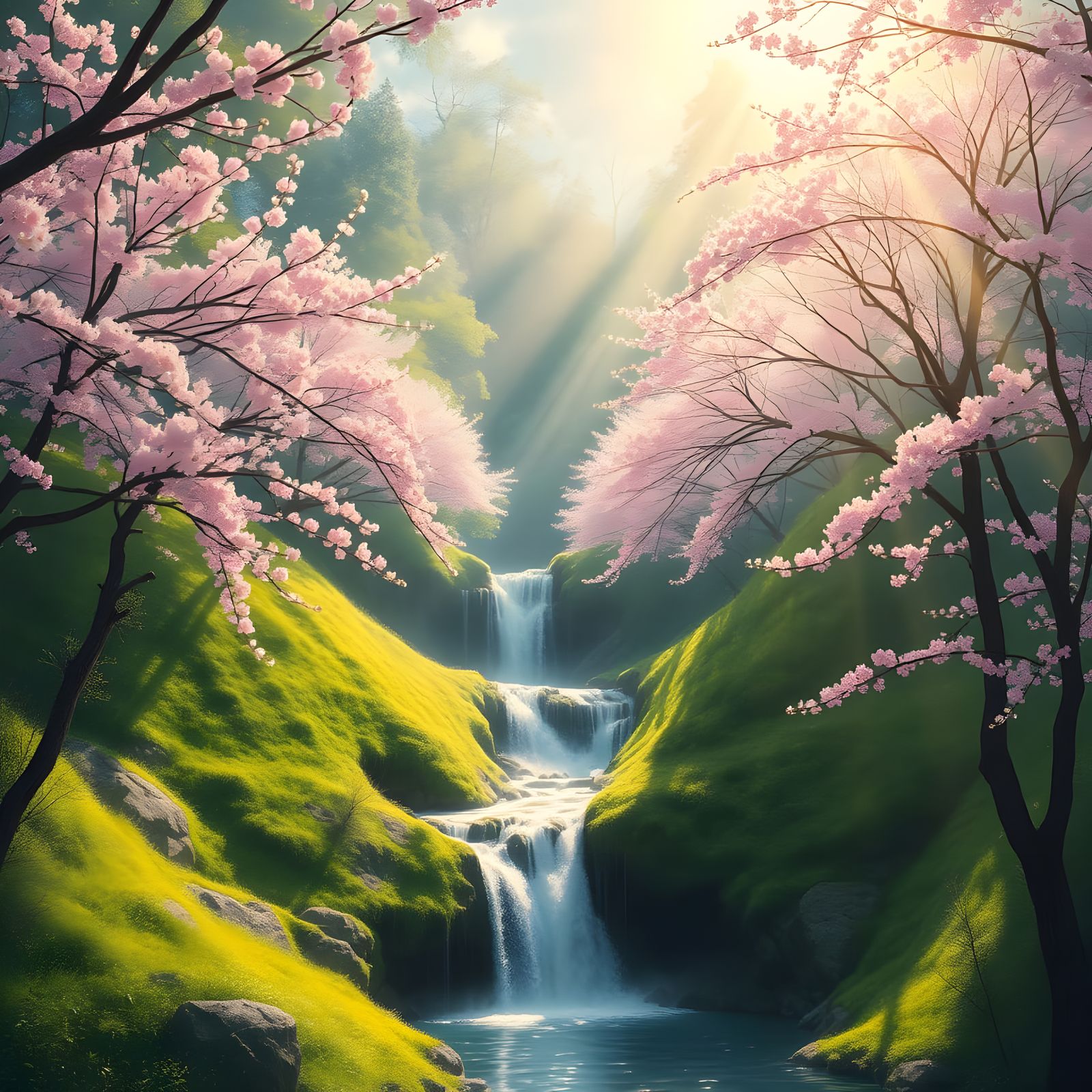 Waterfall with Vibrant Pink Trees and Soft Focus Sunlight