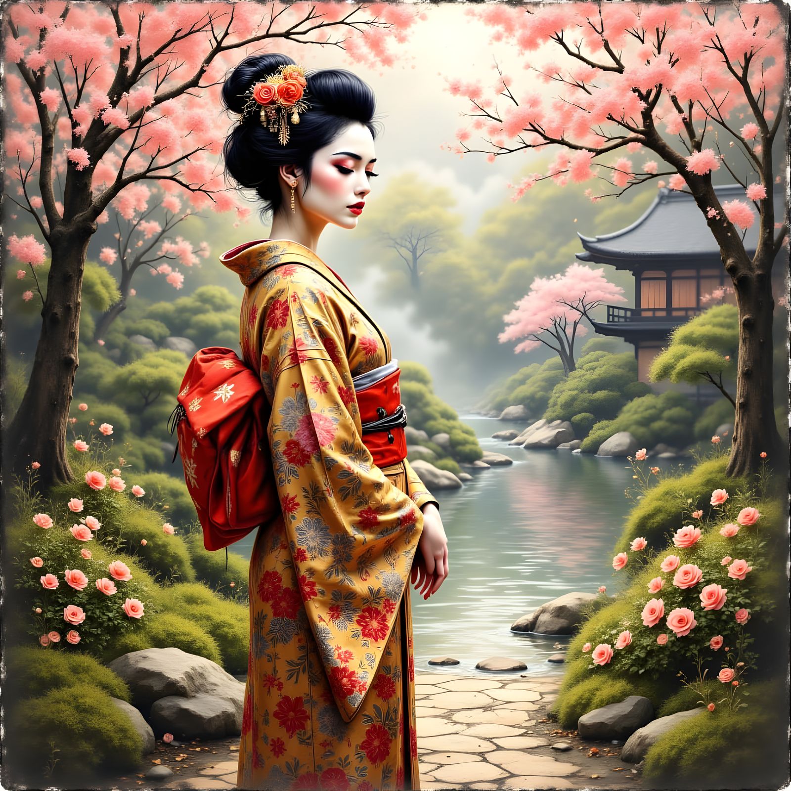 Elegant Geisha in Springtime Garden