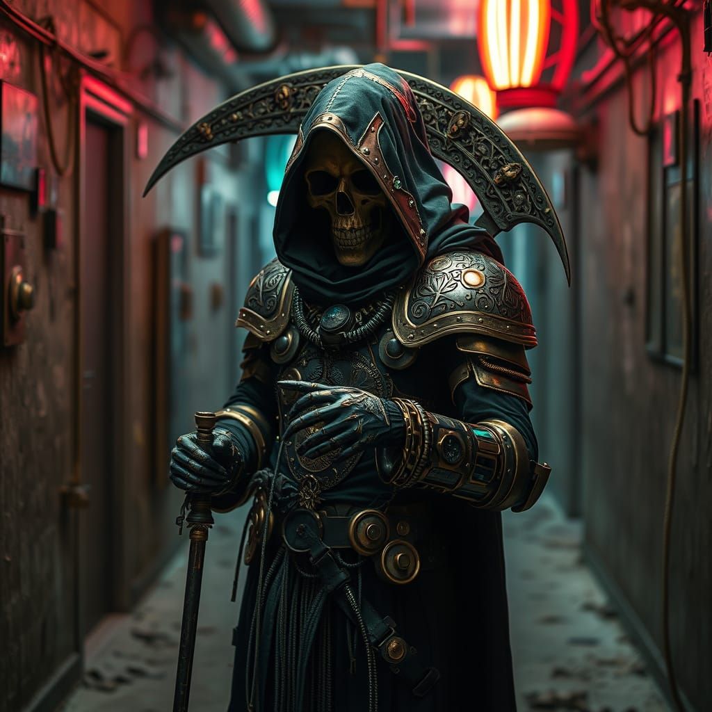 Grim Reaper in Steam-Punk Armor with Copper Filigree and Gem...
