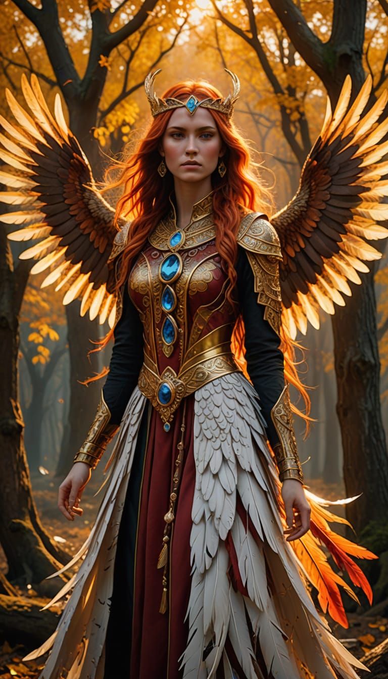 Slavic Firebird Maiden Soaring Over Ancient Forest