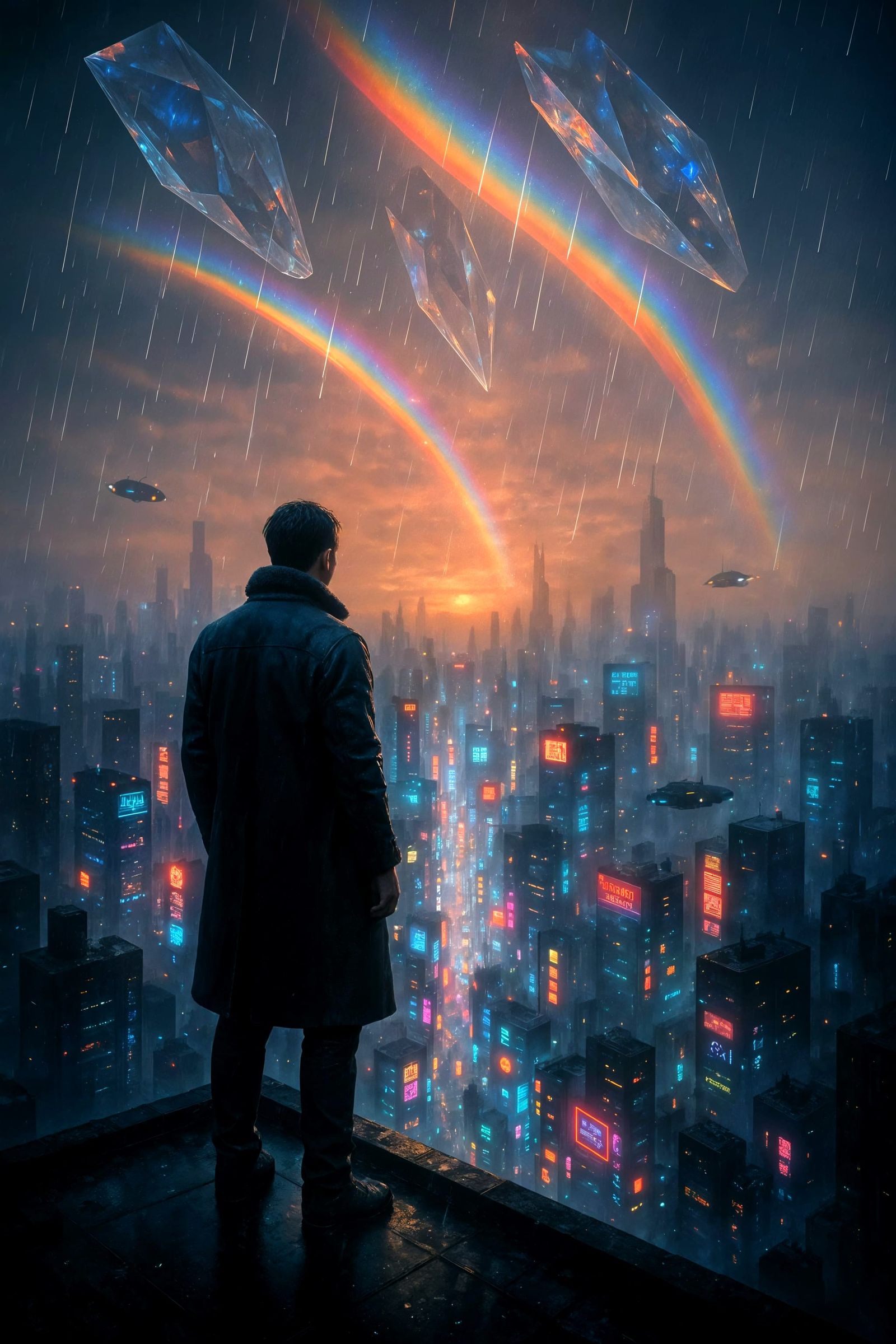 Cyberpunk Cityscape with Crystalline Refraction