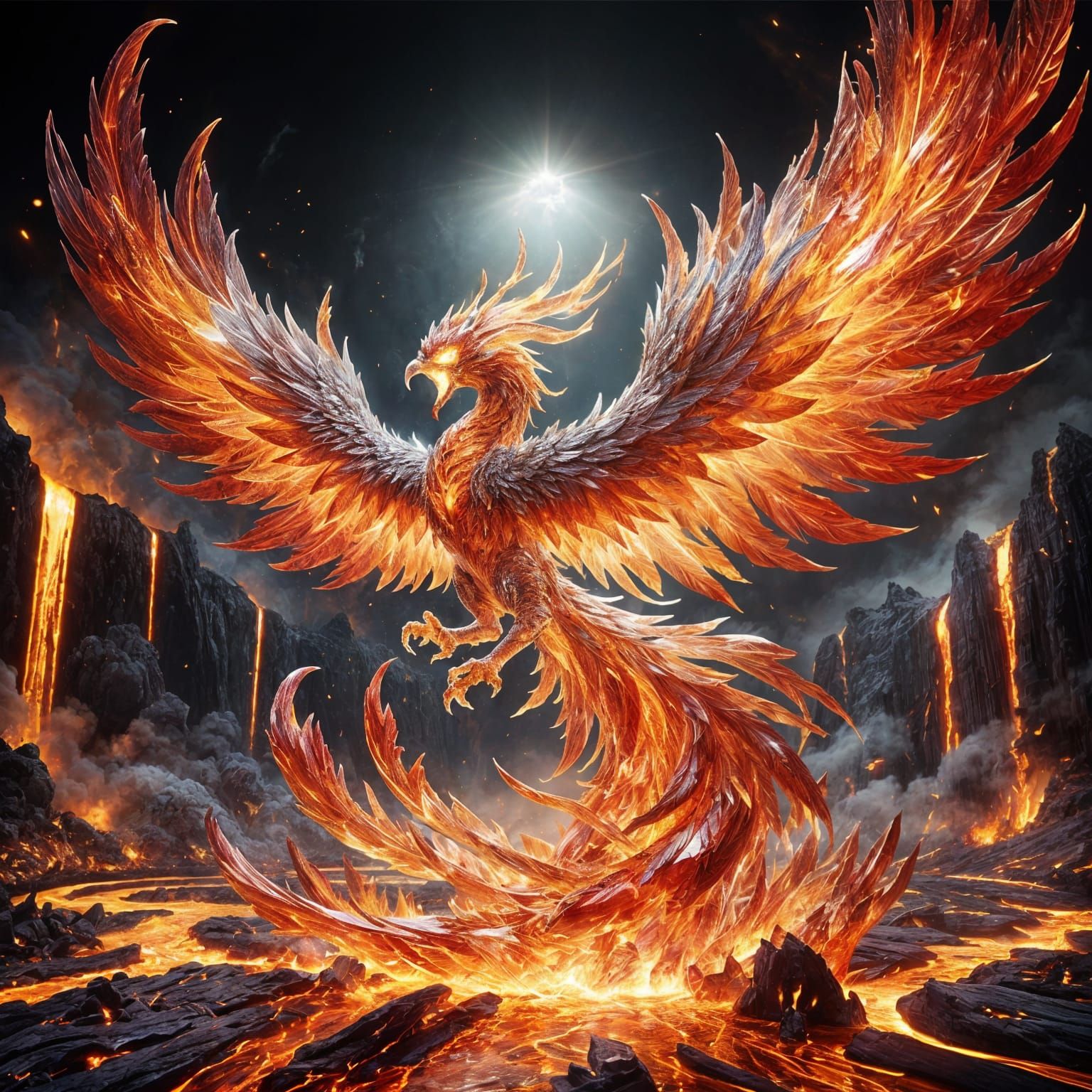 Flaming Crystal Phoenix Soaring Above Lava River