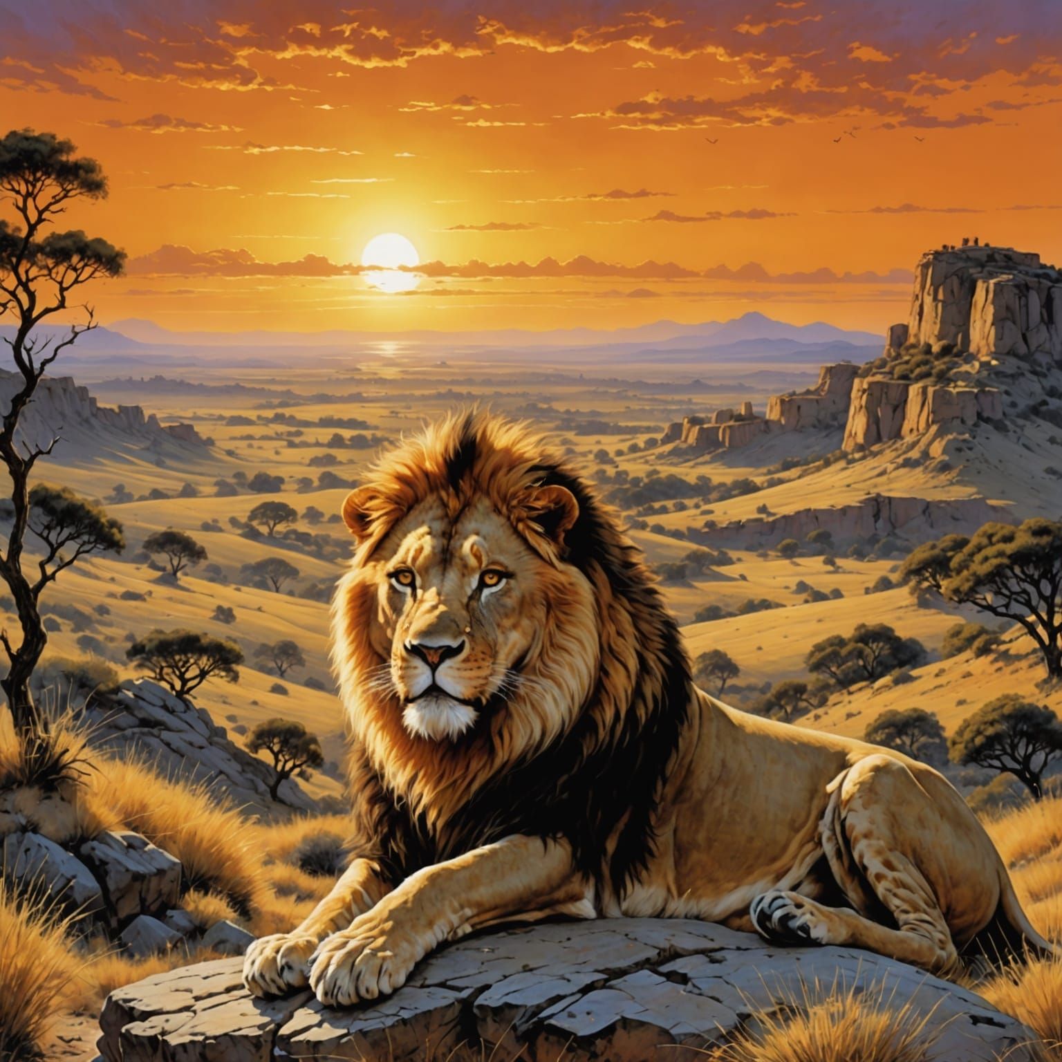 Landscape, sunset lion,  Luis Royo, milo manara, boris valle...
