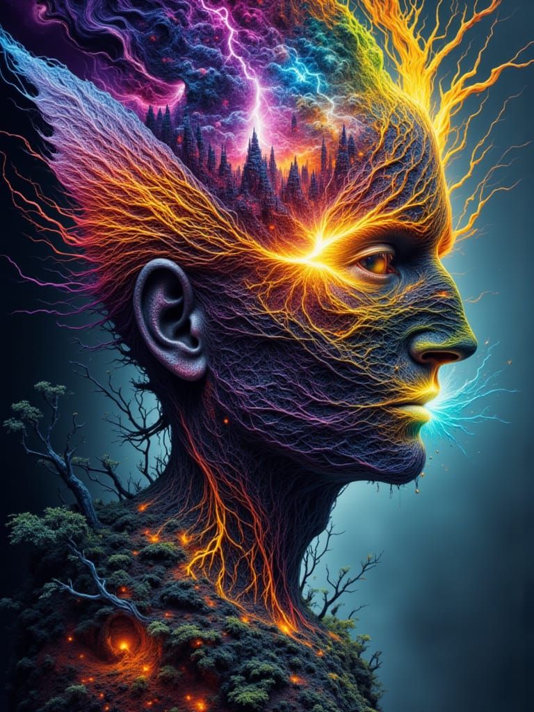 Fractal Man with Sunset Landscape Face and Waterfalls