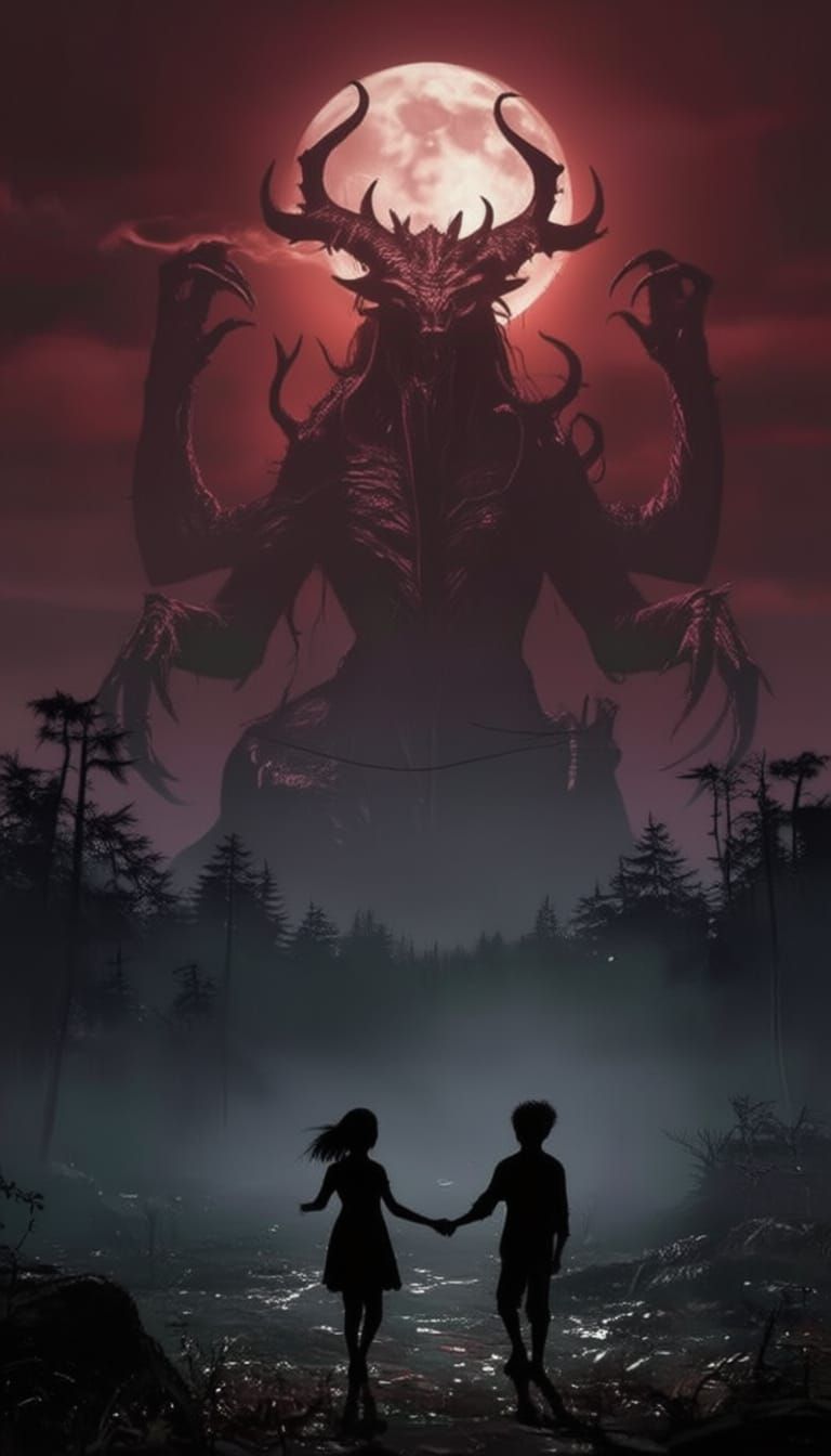 Gothic Eldritch Beast Over Children Playing