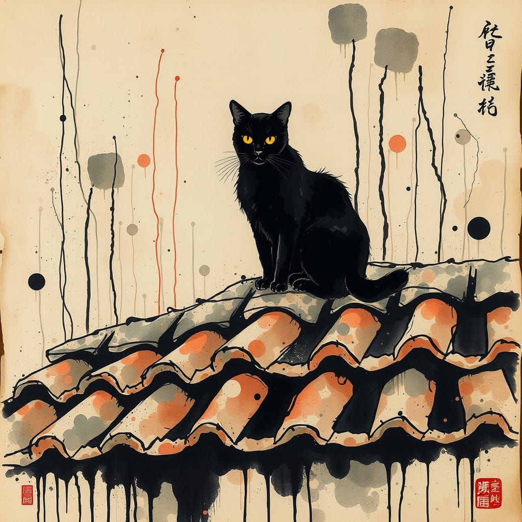 Black Cat on Tiled Roof in Ink Painting Style