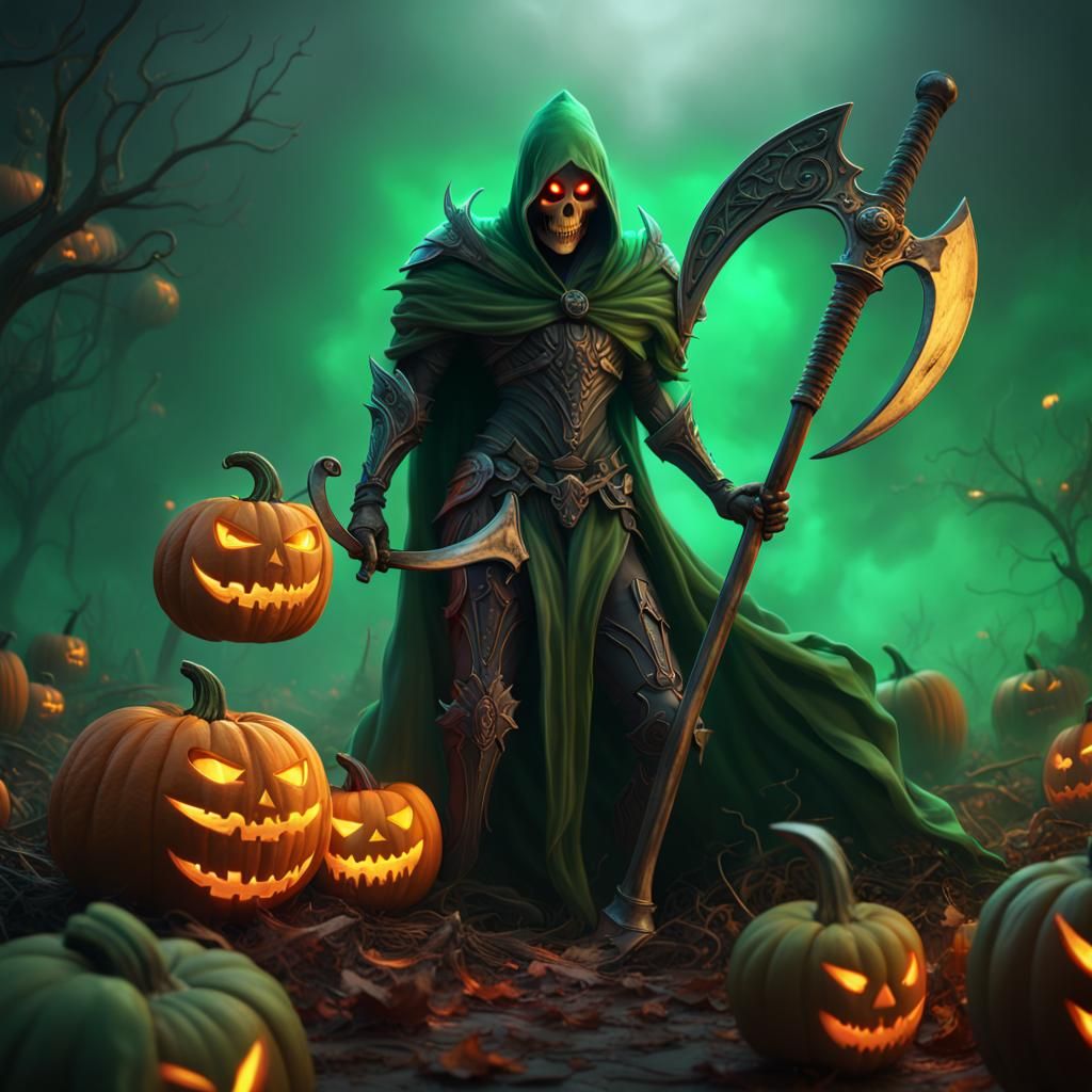 Evil Halloween Knight with Scythe and Pumpkin