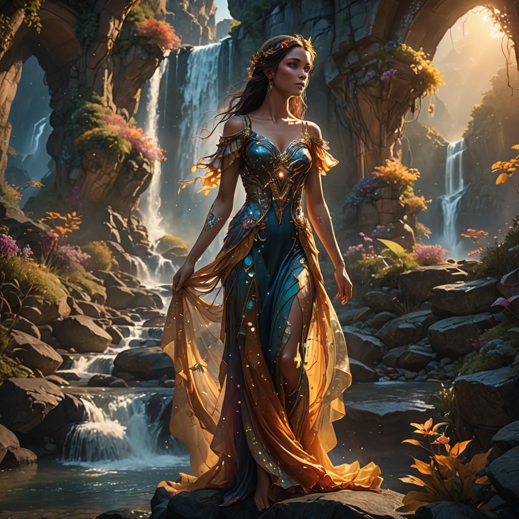 Fairy Woman by Waterfall at Sunset: Fantasy Art