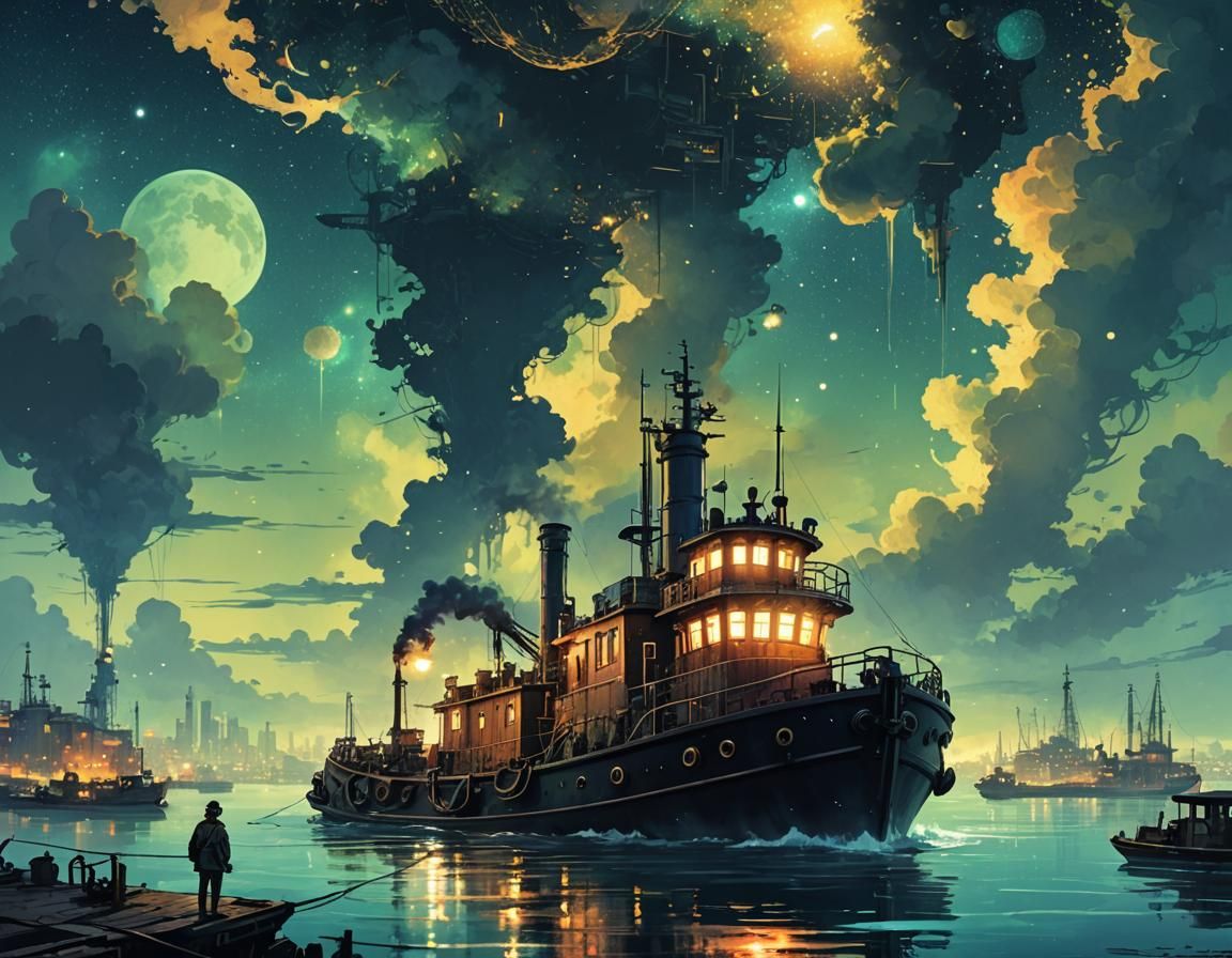 Bioluminescent Steampunk Seascape at Midnight: Anime Style
