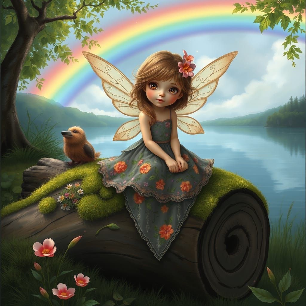 Whimsical Fairy Girl on Log with Rainbow Background