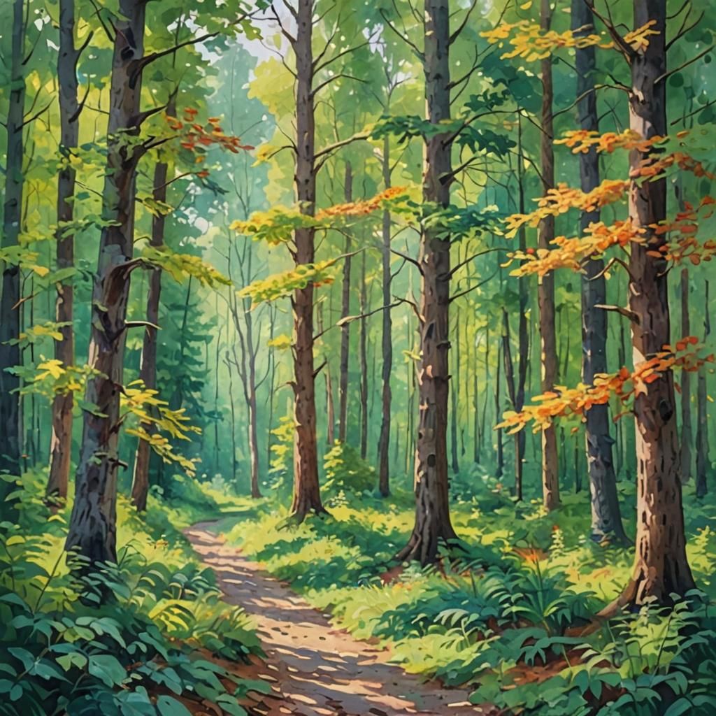 Forest Scene in Gouache Style Impressionist Painting