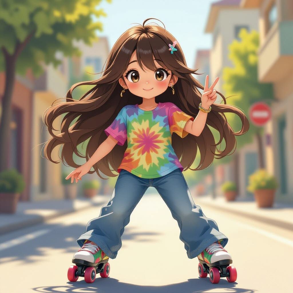 Cute Anime Girl in Bell Bottoms on Rollerblades
