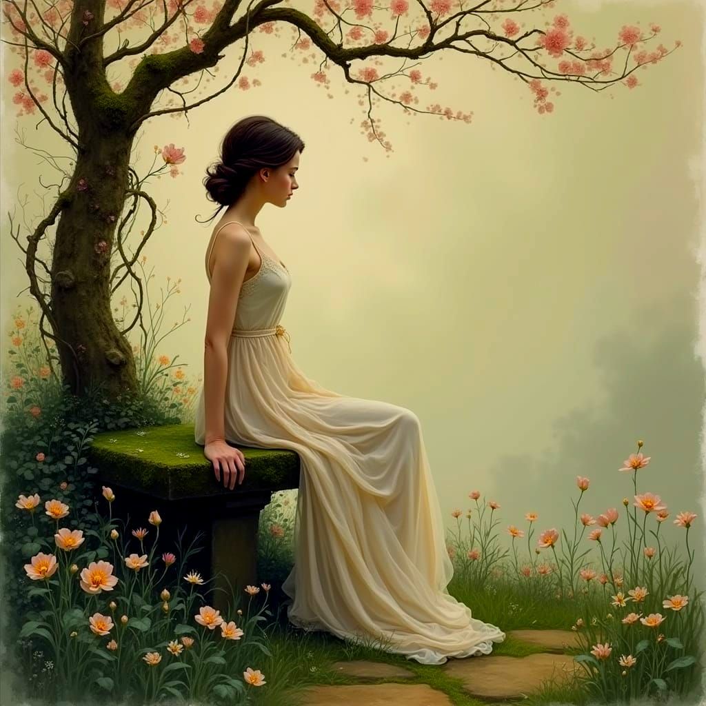 Elegant Lady in Hidden Garden, Fine Line Drawing Style