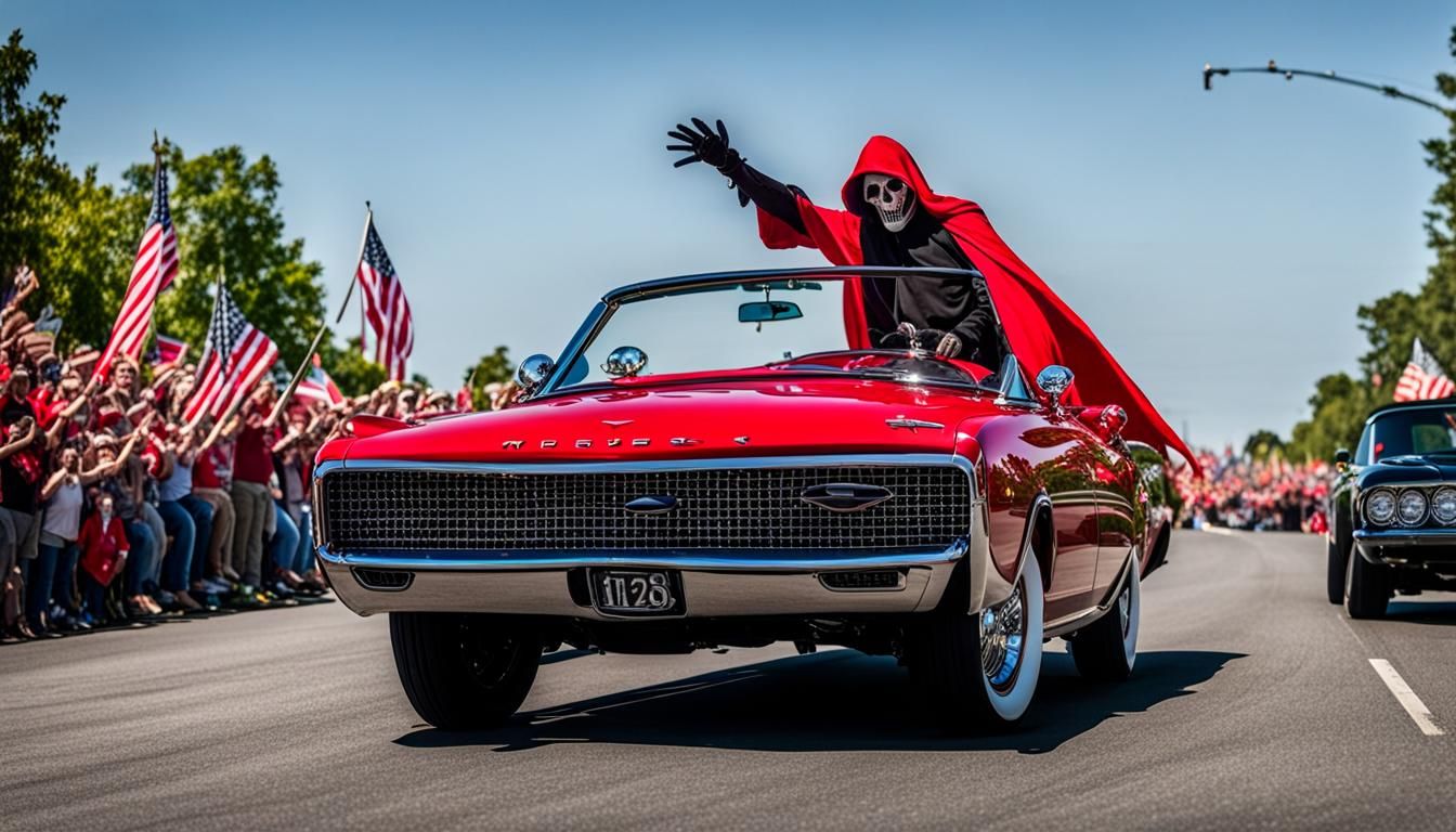 Grim Reaper Waves in Parade Convertible