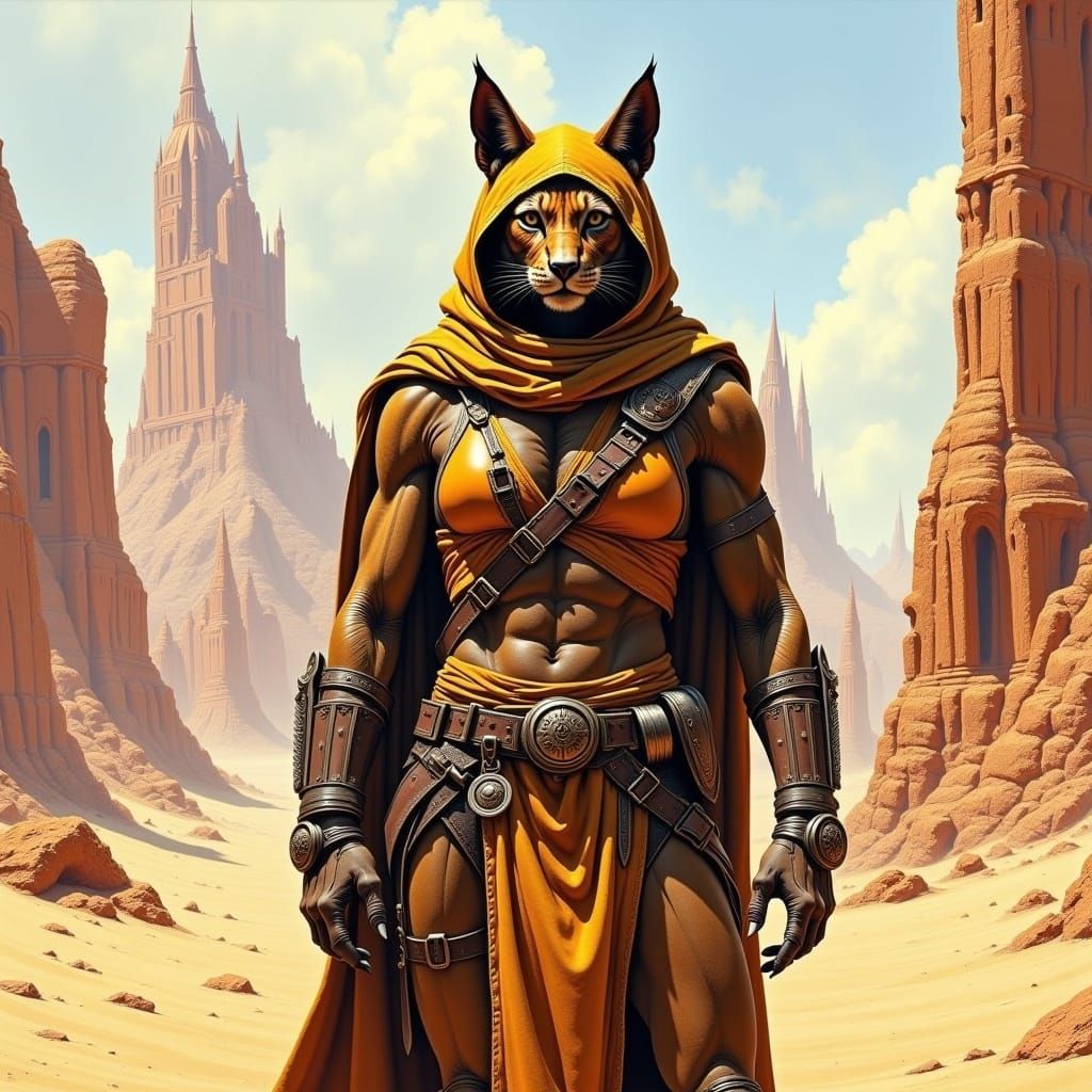 Desert Cat Warrior in Earth-Toned Armor