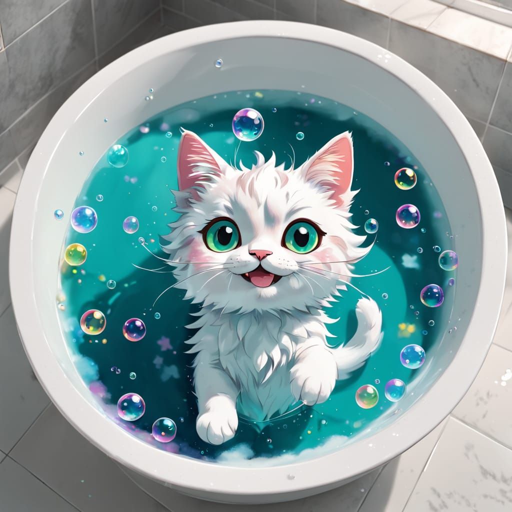 Fairy Cat Soaks in Whimsical Bathtub Scene